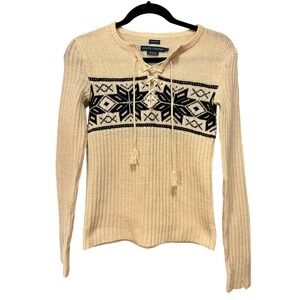 Ralph Lauren Mens Hand Knit Lambswool Fair Isle Lace Up Snowflake Sweater Cream